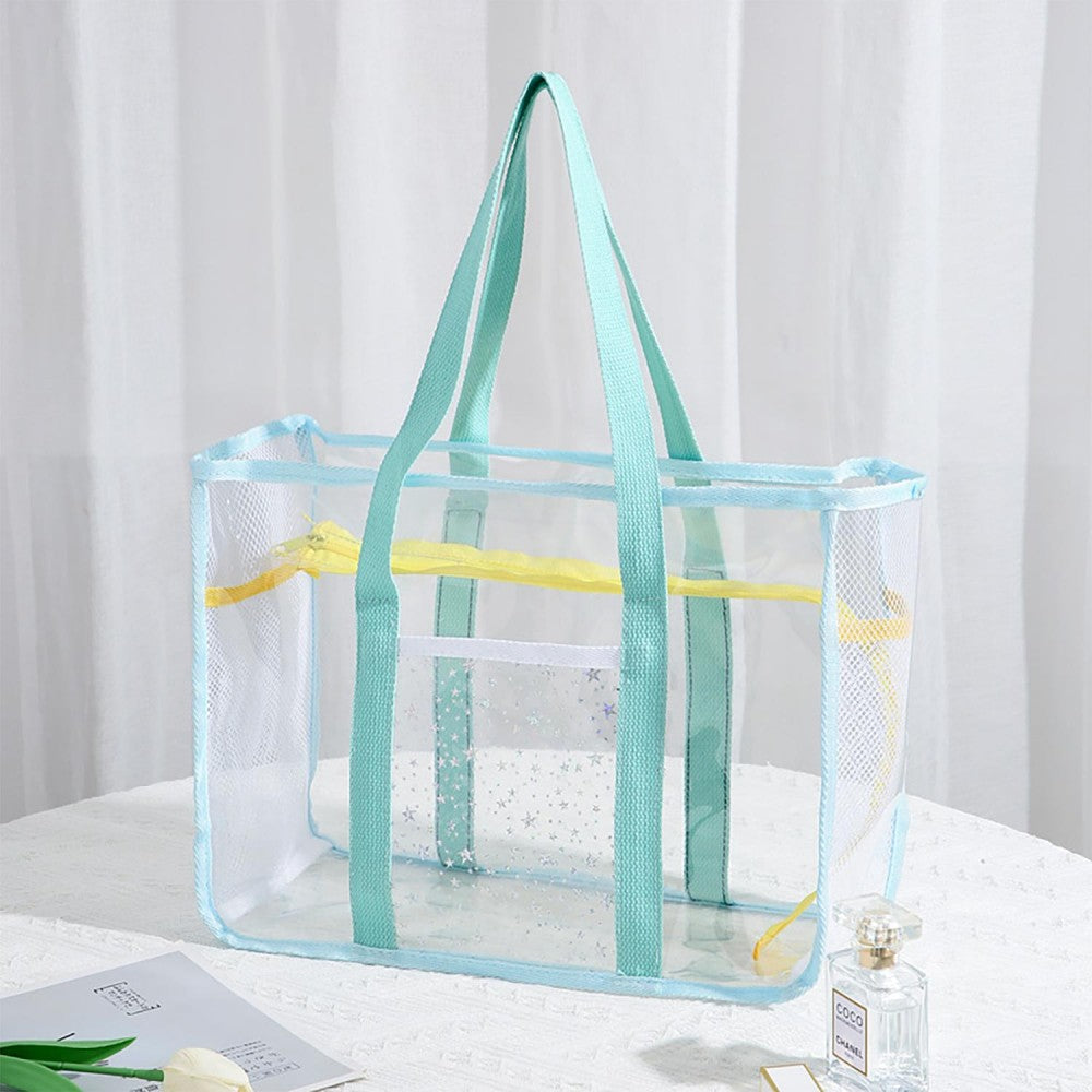 Clear Tote Bag With Mesh Netting and Glitter Stars Detail - 3 Color Options!