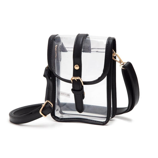 Clear Cross Body Bag With Leather Trim Featuring Snap Latch Buckle Closure