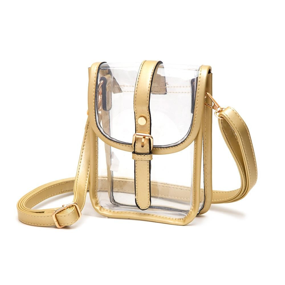 Clear Cross Body Bag With Leather Trim Featuring Snap Latch Buckle Closure