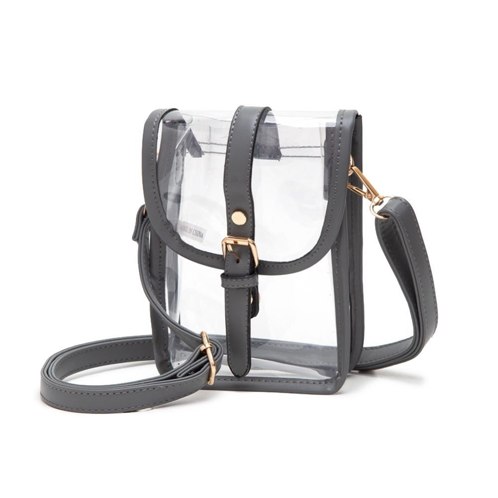 Clear Cross Body Bag With Leather Trim Featuring Snap Latch Buckle Closure