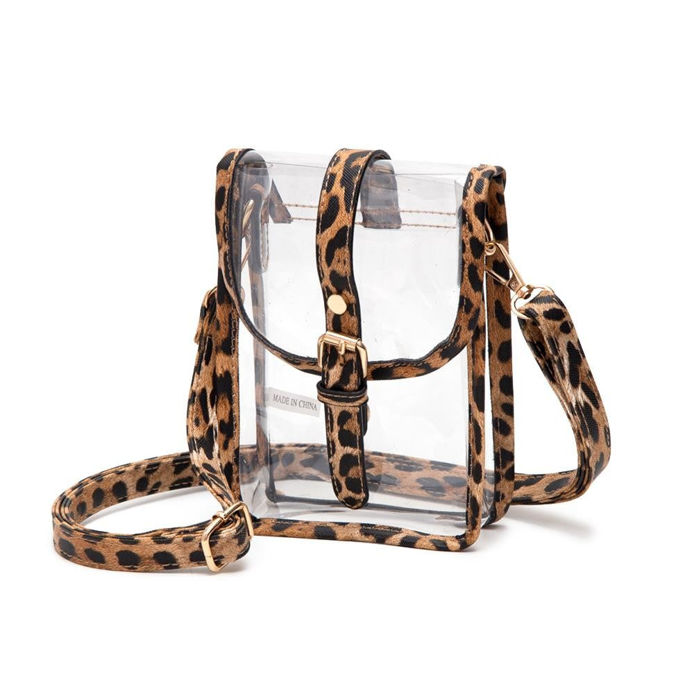 Clear Cross Body Bag With Leather Trim Featuring Snap Latch Buckle Closure