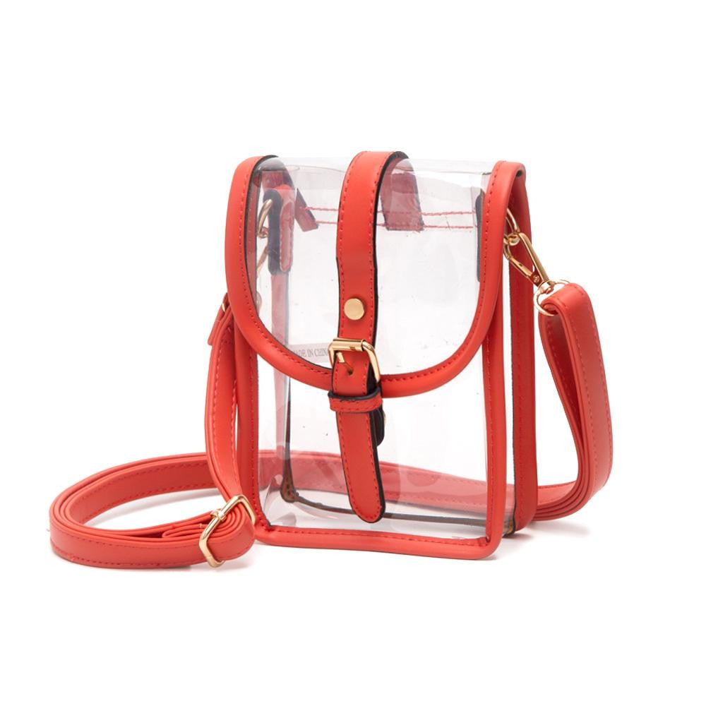 Clear Cross Body Bag With Leather Trim Featuring Snap Latch Buckle Closure