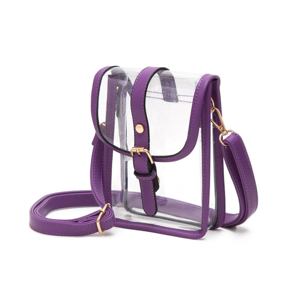 Clear Cross Body Bag With Leather Trim Featuring Snap Latch Buckle Closure