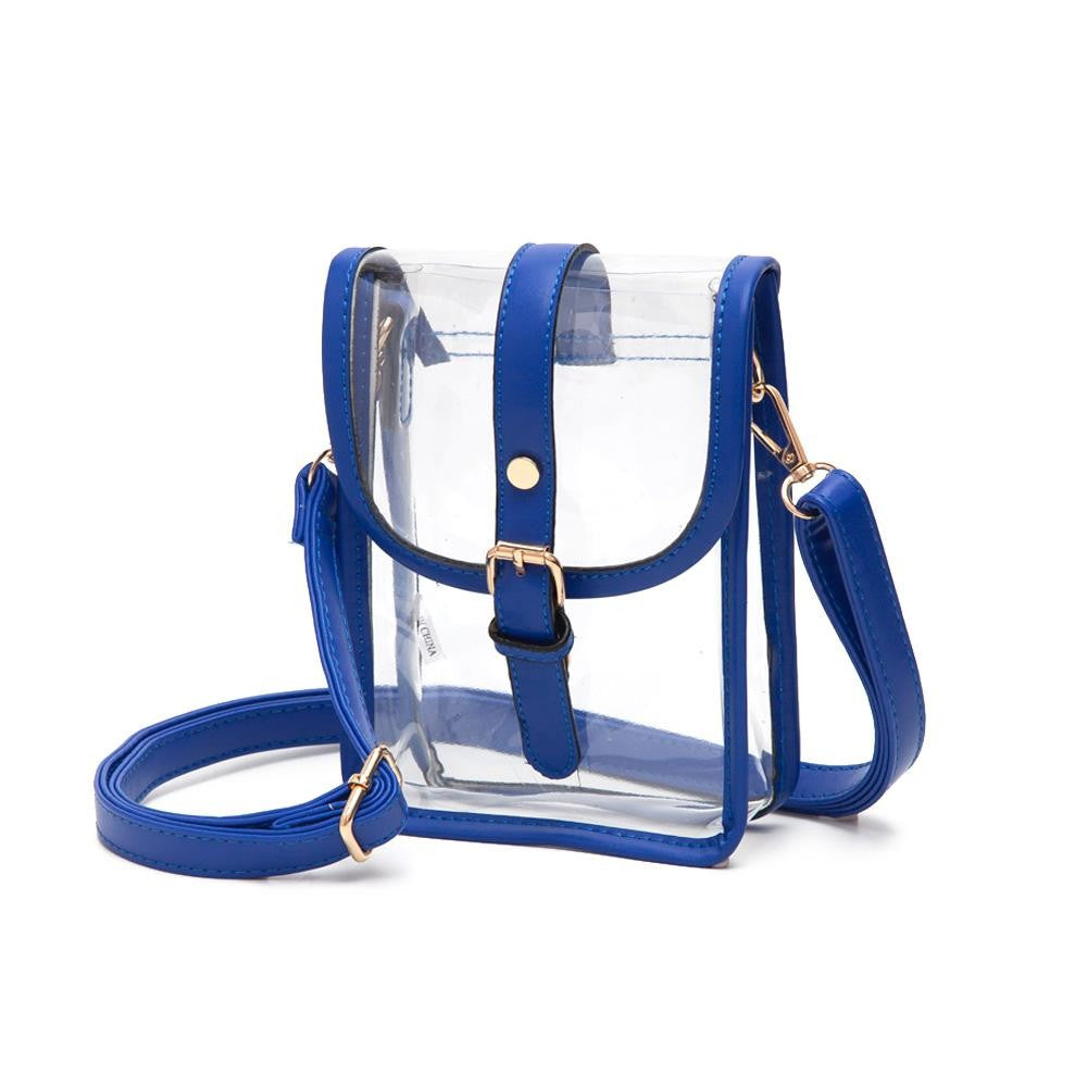 Clear Cross Body Bag With Leather Trim Featuring Snap Latch Buckle Closure