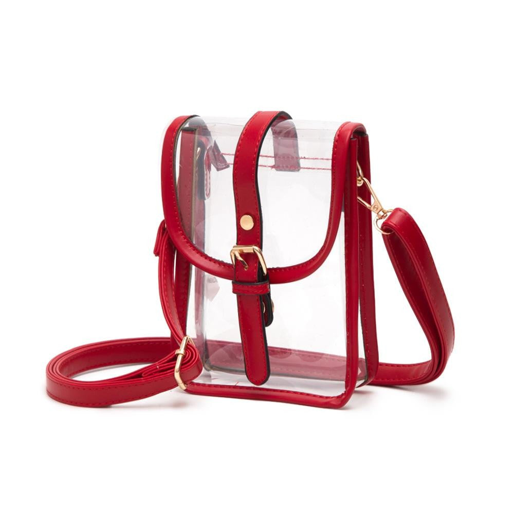 Clear Cross Body Bag With Leather Trim Featuring Snap Latch Buckle Closure