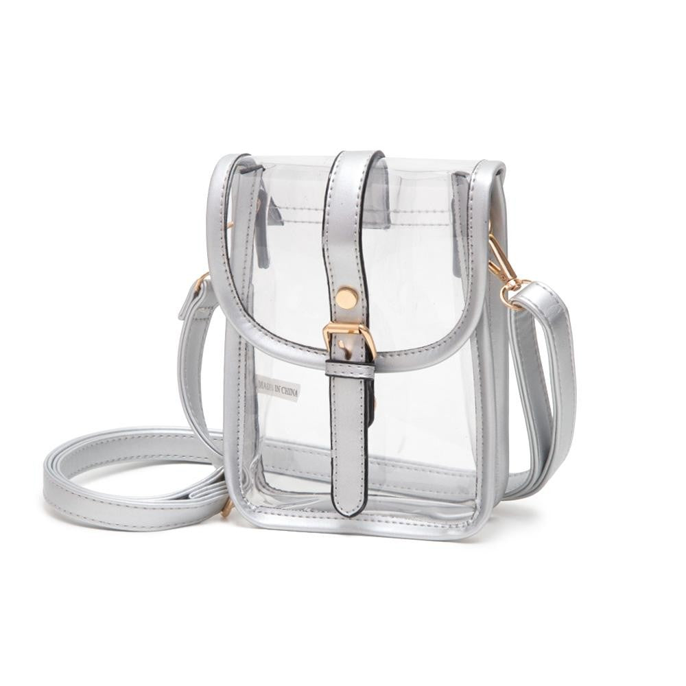 Clear Cross Body Bag With Leather Trim Featuring Snap Latch Buckle Closure