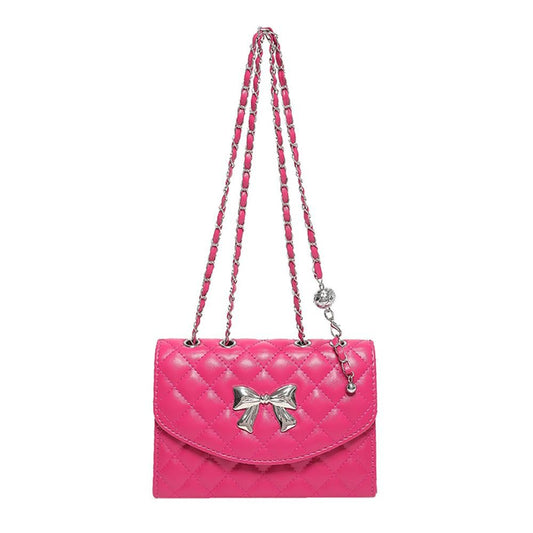 Vegan Leather Quilted Cross Body Tote Bag Featuring Metal Bow Detail - 2 Color Options!