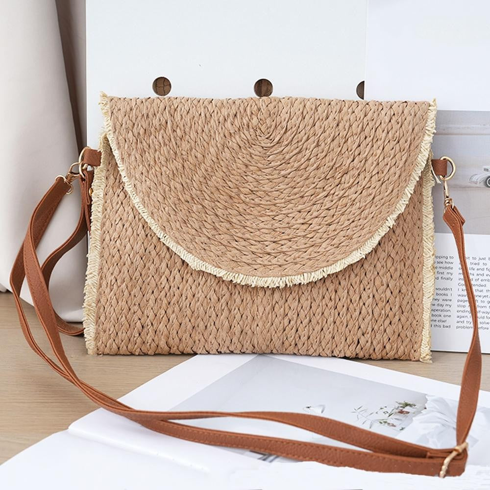 Two Tone Straw Clutch Cross Body Bag
