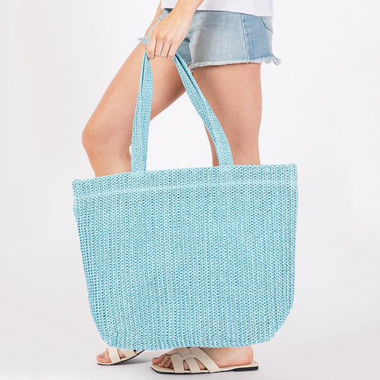 Blue Woven Straw Tote Bag