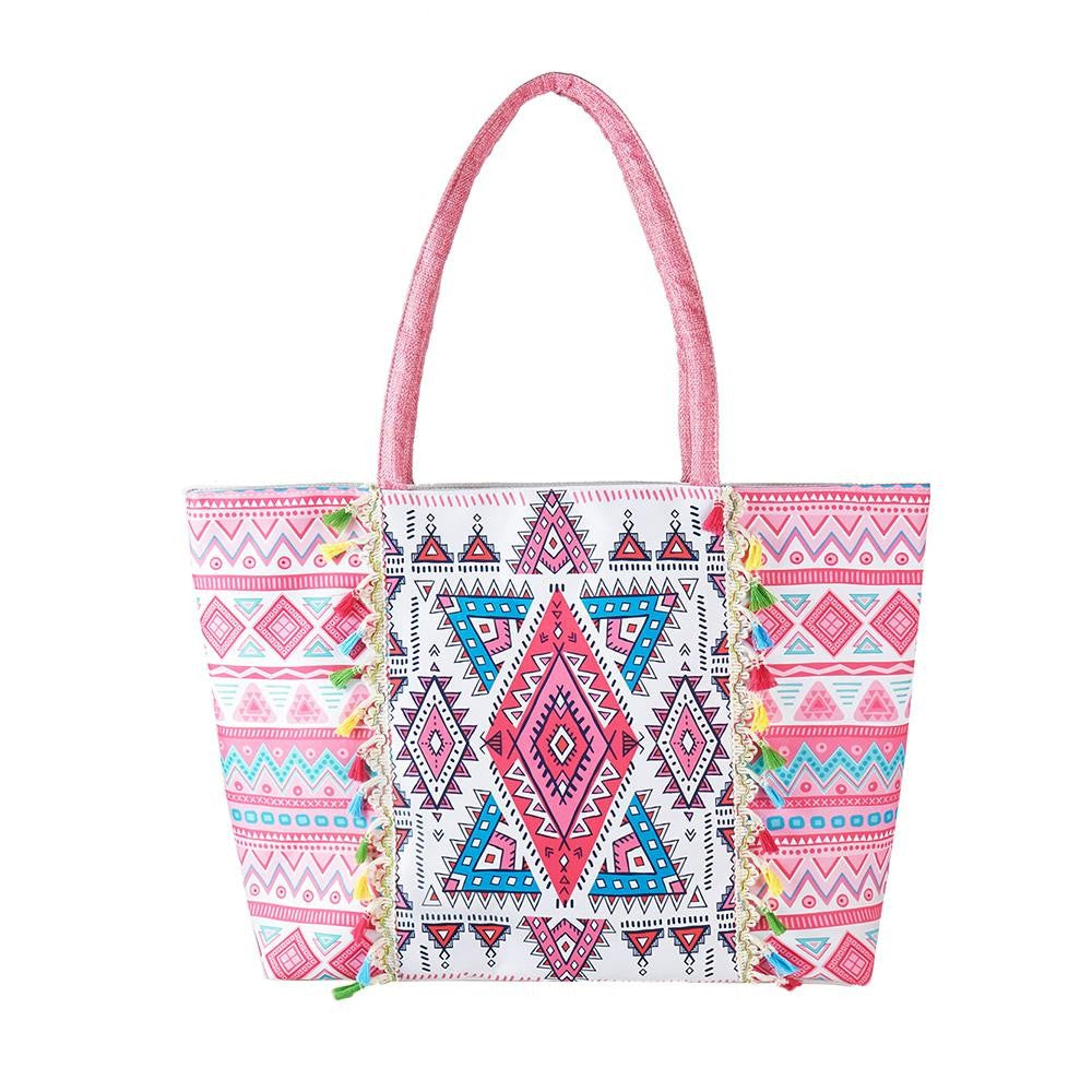 Neon Aztec Printed Canvas Tote Bag With Fringe Detail