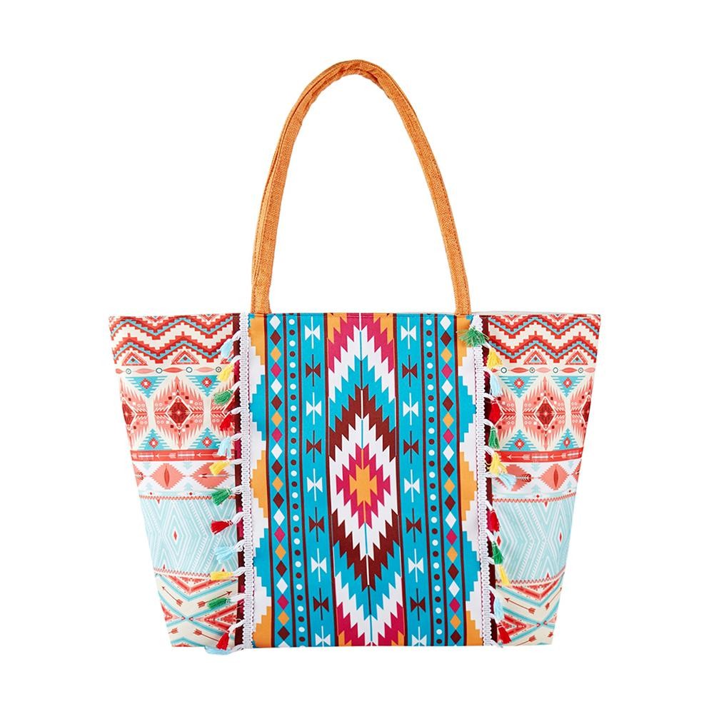 Aztec Printed Canvas Tote Bag With Fringe Detail