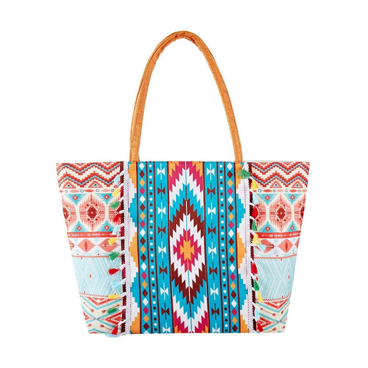Aztec Printed Canvas Tote Bag With Fringe Detail