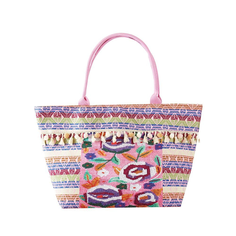 Aztec & Flower Printed Canvas Tote Bag With Fringe Pom Detail