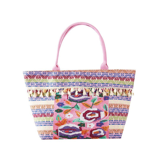 Aztec & Flower Printed Canvas Tote Bag With Fringe Pom Detail