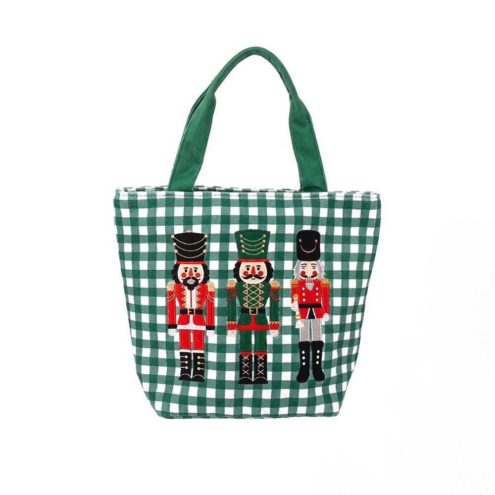 Green Gingham canvas tote with an embroidered Nutcracker Trio