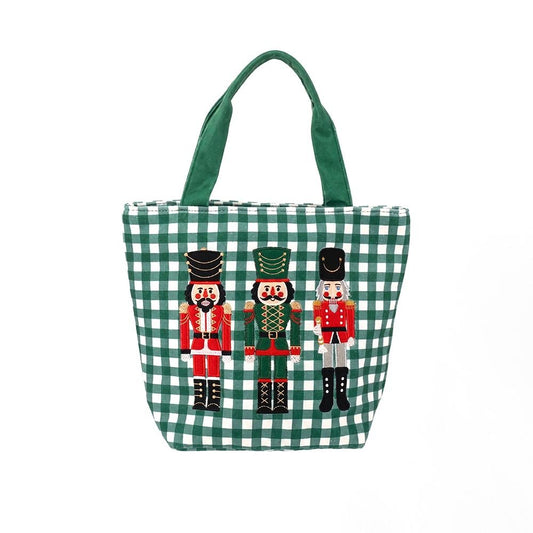 Green Gingham canvas tote with an embroidered Nutcracker Trio