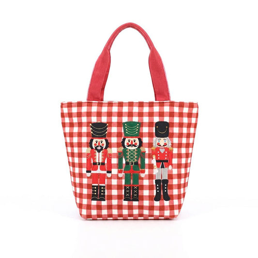 Red Gingham canvas tote with an embroidered Nutcracker Trio