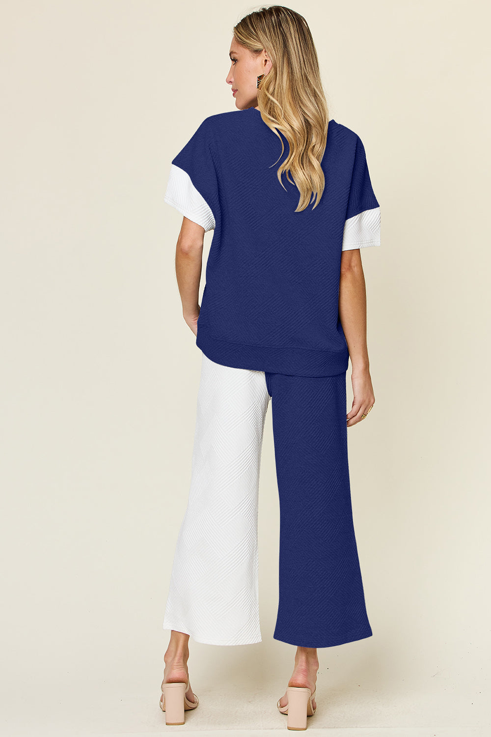 Double Take Full Size Texture Contrast T-Shirt and Wide Leg Pants Set - 4 Color Way Options!