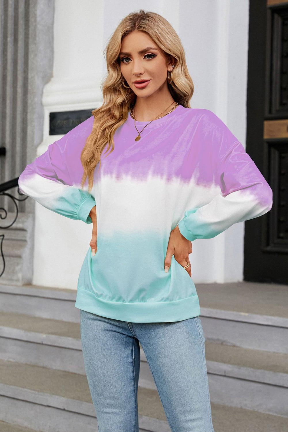 7 colors! Gradient Round Neck Long Sleeve Sweatshirt