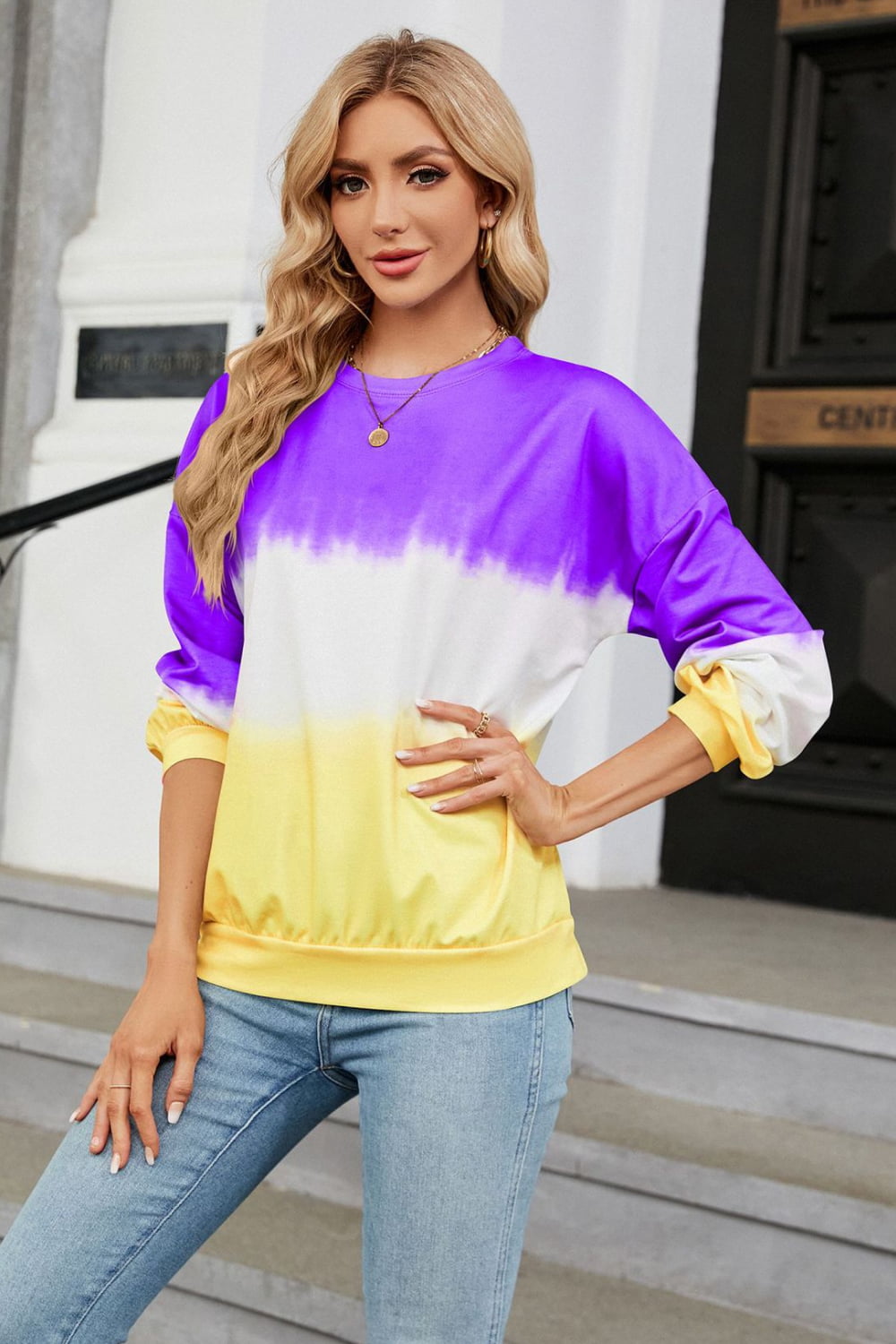 7 colors! Gradient Round Neck Long Sleeve Sweatshirt