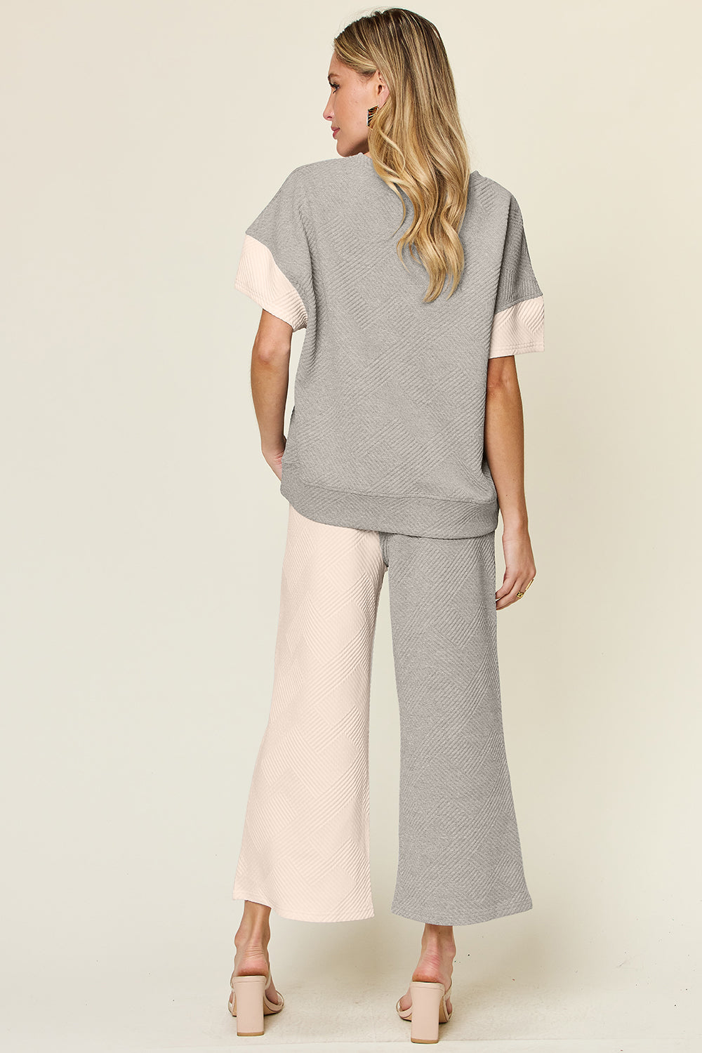 Double Take Full Size Texture Contrast T-Shirt and Wide Leg Pants Set - 4 Color Way Options!