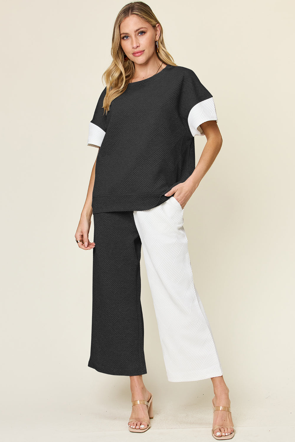 Double Take Full Size Texture Contrast T-Shirt and Wide Leg Pants Set - 4 Color Way Options!