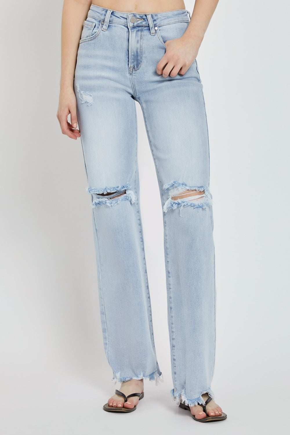 Risen Full Size High Rise Distressed Wide Leg Jeans