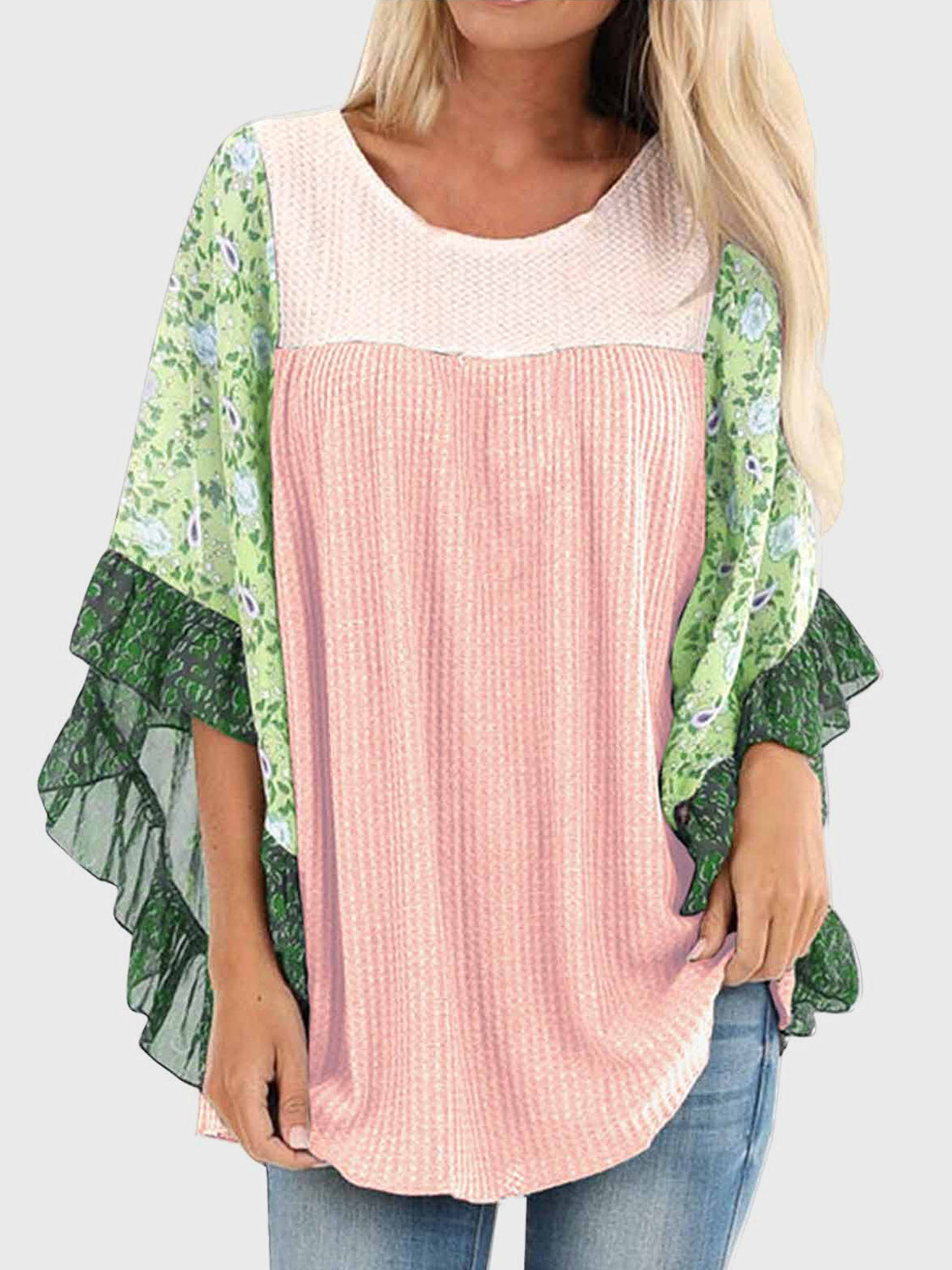 8 Color Options! Full Size Printed Round Neck Three-Quarter Sleeve Blouse