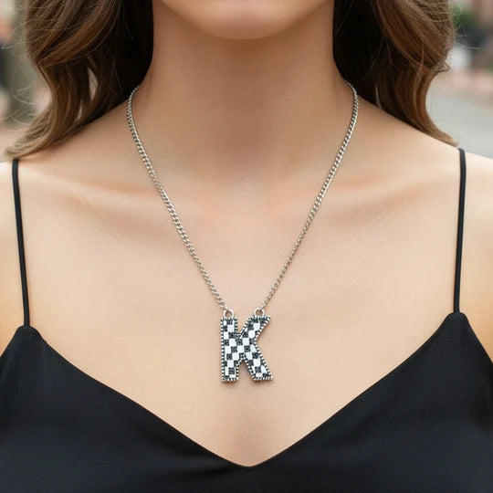 Checkered Initial Necklace - Black & White