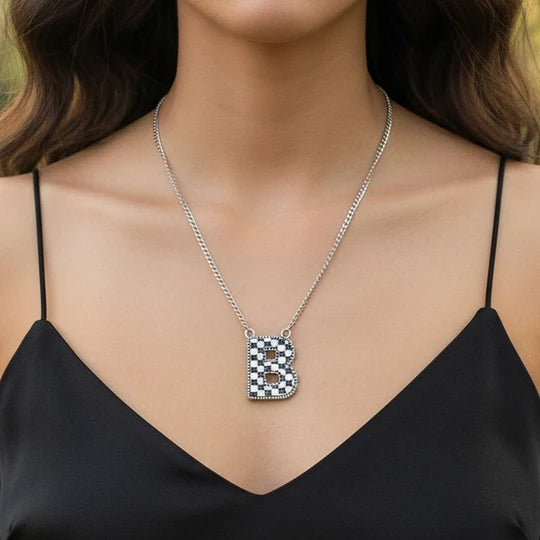 Checkered Initial Necklace - Black & White