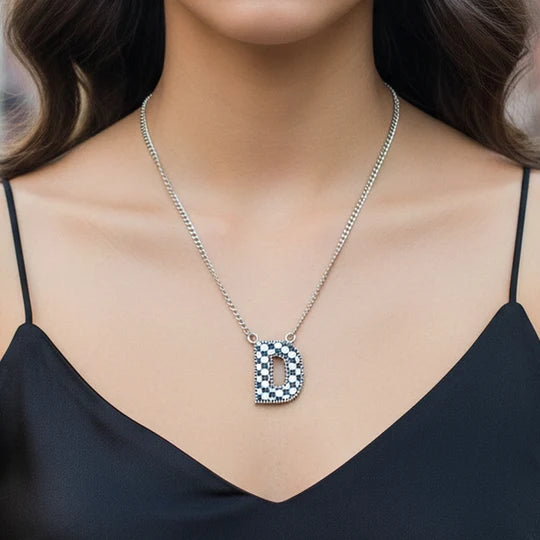 Checkered Initial Necklace - Black & White