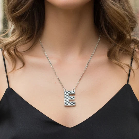 Checkered Initial Necklace - Black & White