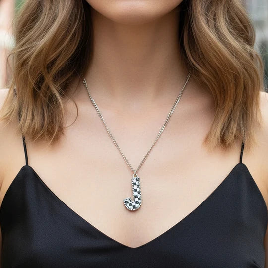 Checkered Initial Necklace - Black & White