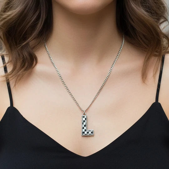 Checkered Initial Necklace - Black & White