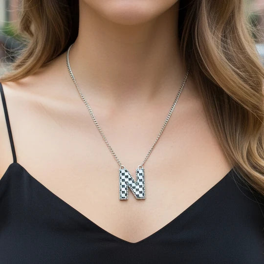 Checkered Initial Necklace - Black & White