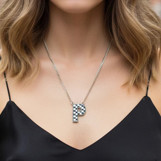 Checkered Initial Necklace - Black & White