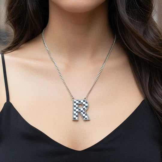 Checkered Initial Necklace - Black & White
