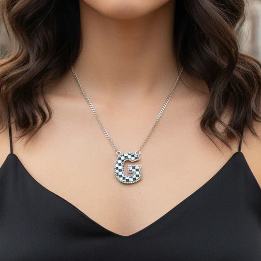 Checkered Initial Necklace - Black & White