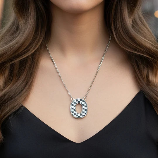 Checkered Initial Necklace - Black & White