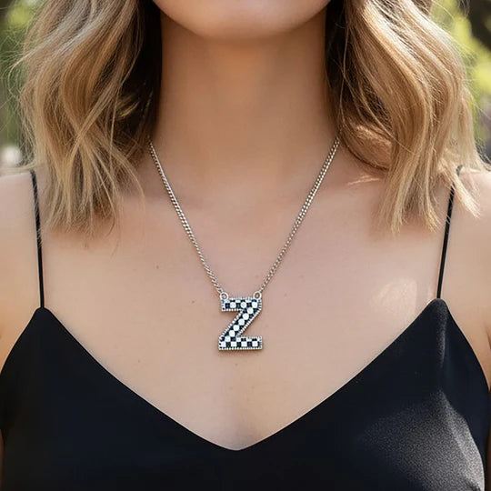 Checkered Initial Necklace - Black & White