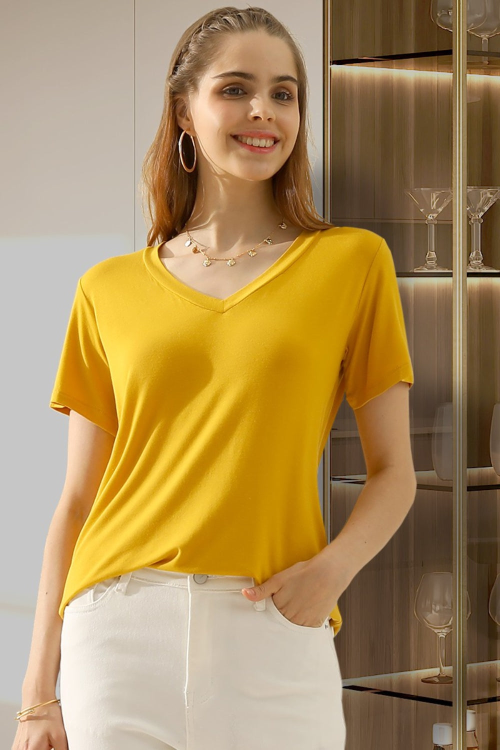 10 Colors! Ninexis Full Size V-Neck Short Sleeve T-Shirt