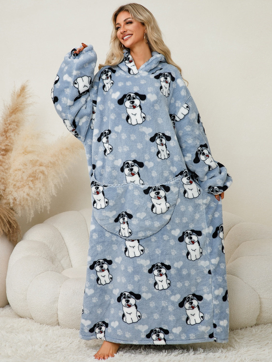 Fuzzy Pocketed Long Sleeve Hooded Blanket Lounge Dress - 17 Print options - PRELAUNCH