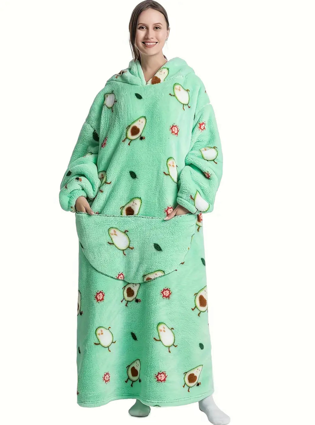 Fuzzy Pocketed Long Sleeve Hooded Blanket Lounge Dress - 17 Print options - PRELAUNCH