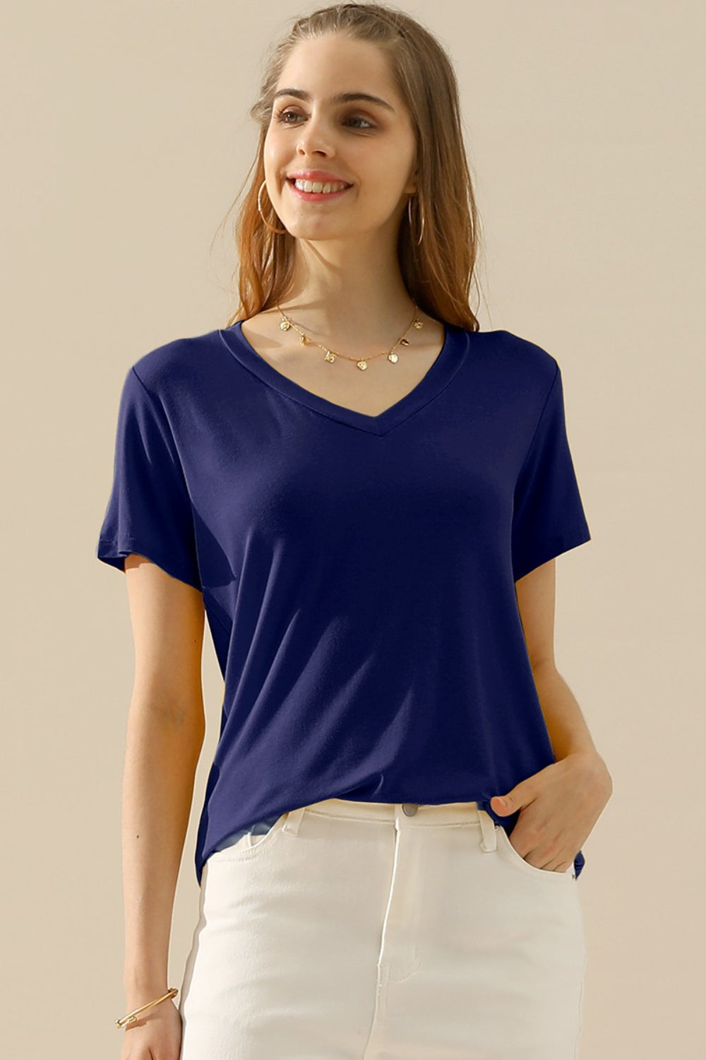 10 Colors! Ninexis Full Size V-Neck Short Sleeve T-Shirt