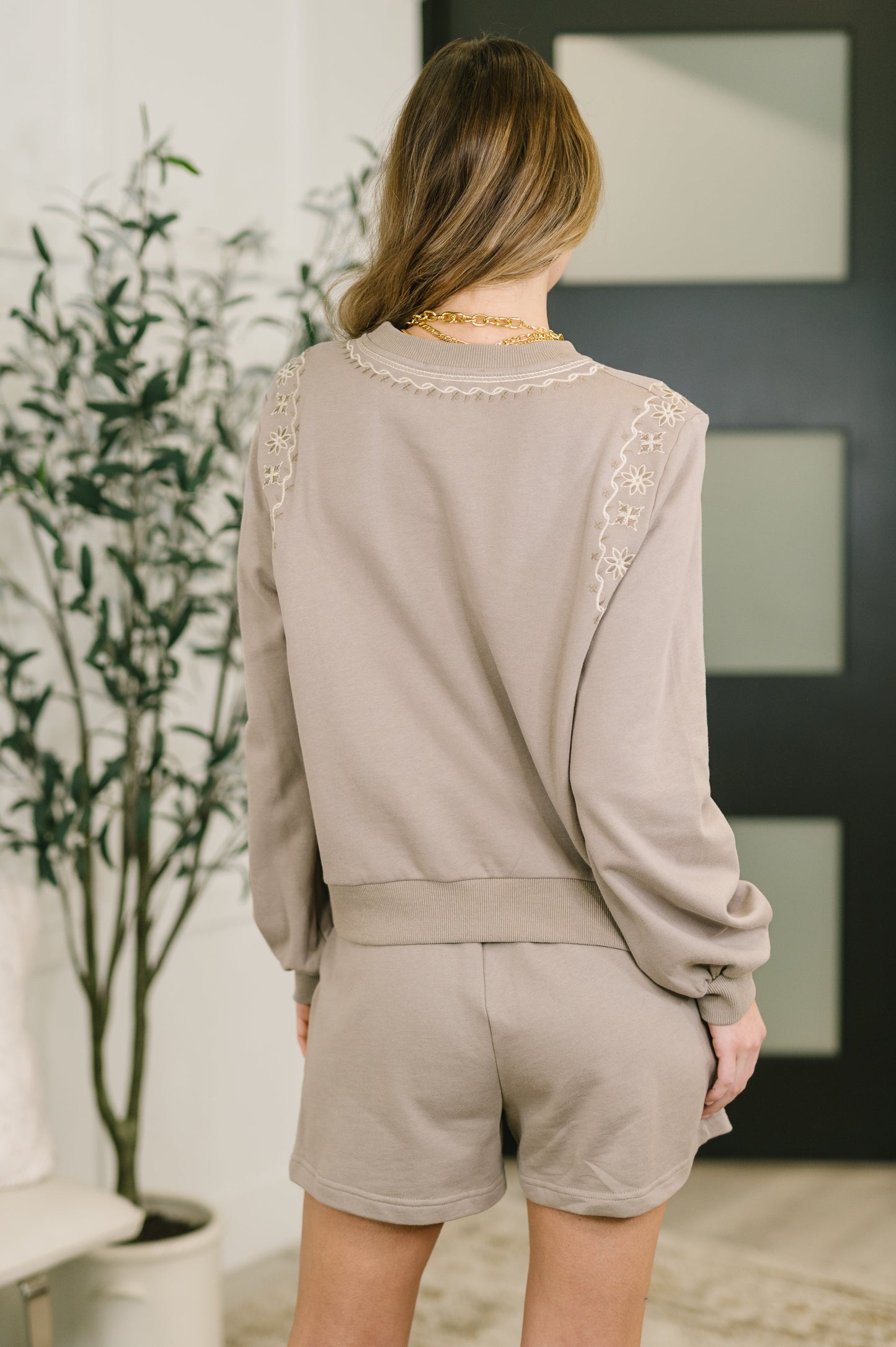 A Little Bit of Comfort Embroidered Top and Bottom Set in Taupe