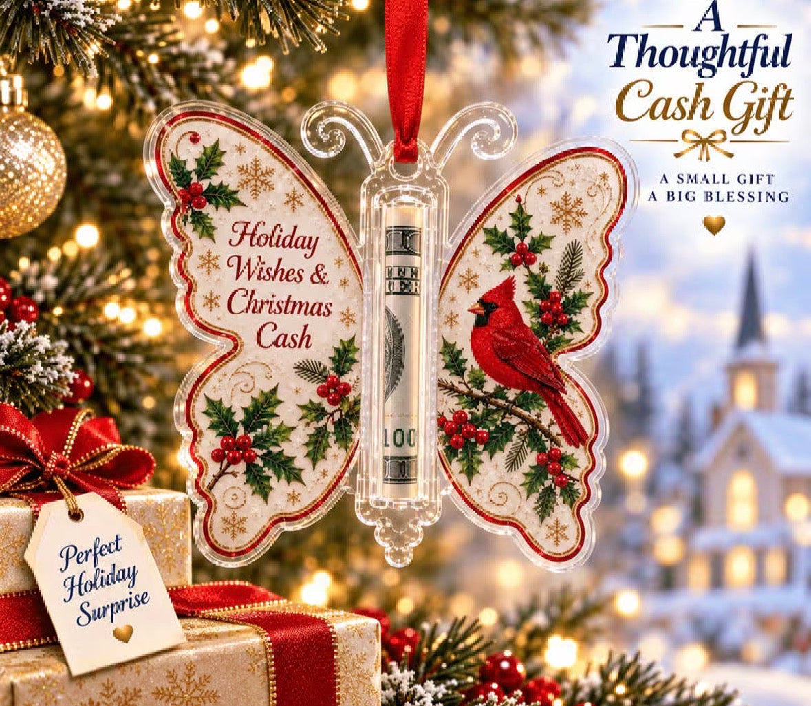 Butterfly Money Holder Christmas Ornament - Cardinal