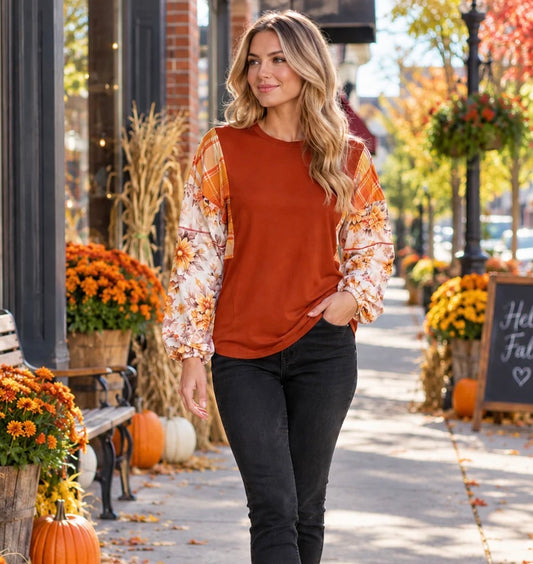 Sunshine & Rodeo Floral and Plaid Long Sleeved Top