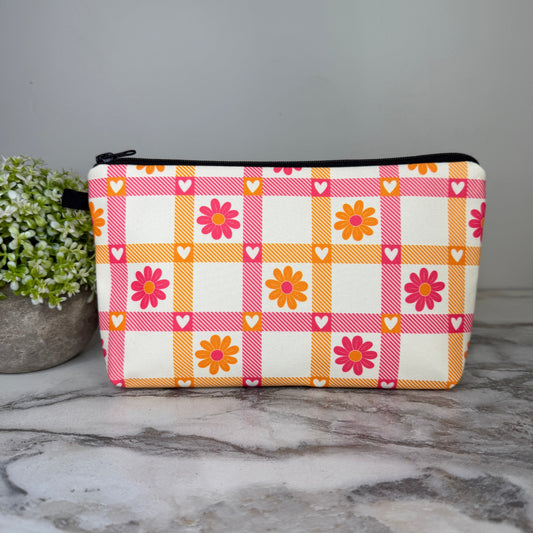 Pouch - Floral Checkered Heart Orange Pink