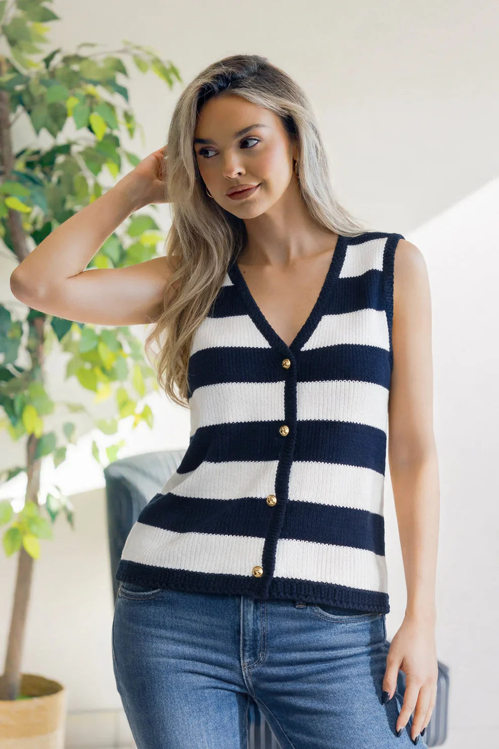 Coastal Stripes Button Vest