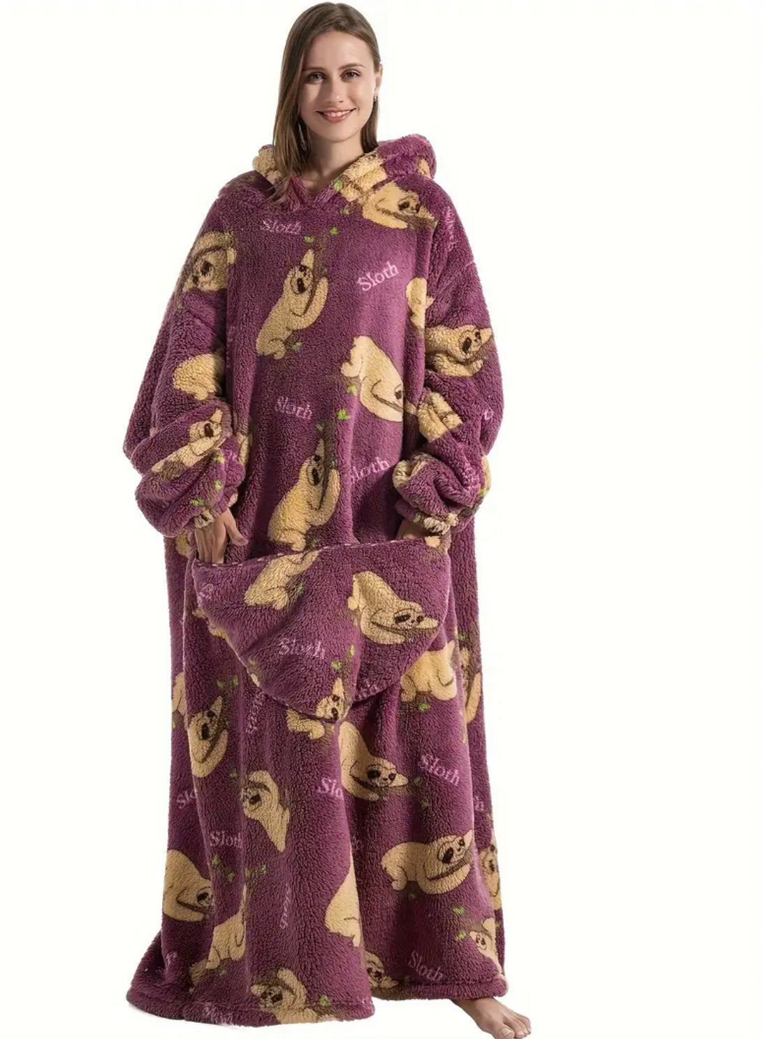 Fuzzy Pocketed Long Sleeve Hooded Blanket Lounge Dress - 17 Print options - PRELAUNCH